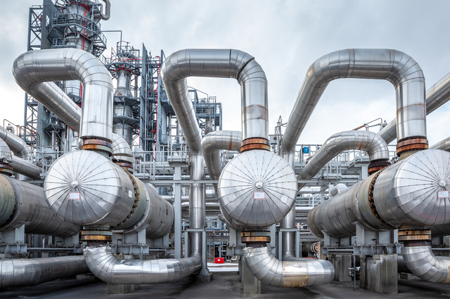 heat exchanger in an oil refinery, large size, daylight